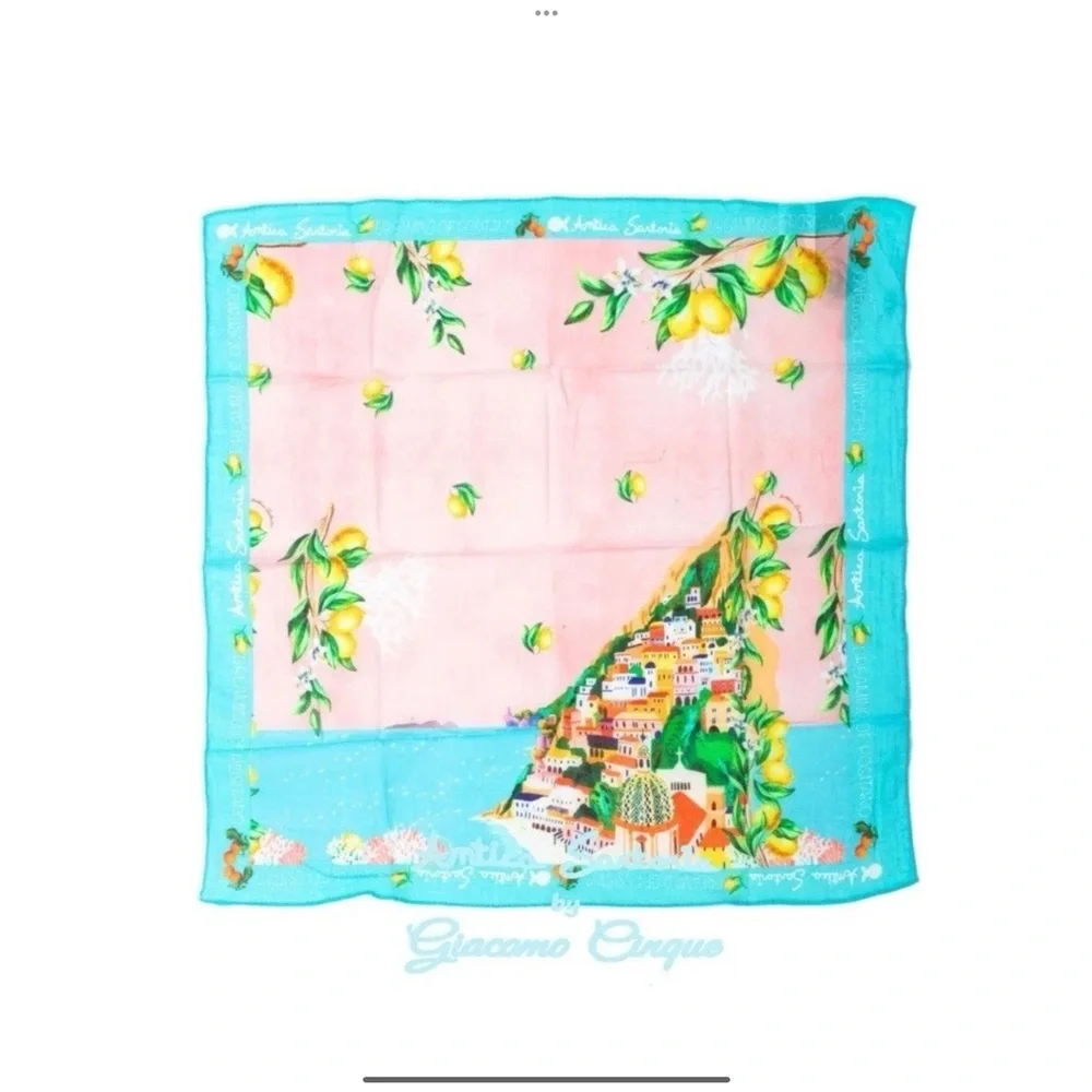 Antica Sartoria Capri by The Sea Pink and Blue Lemon Print Hair Scarf bandana - Picture 2 of 3